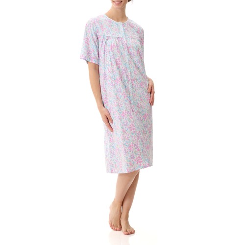 Ladies PJS Givoni Pink Blue Floral 100% Cotton Short Sleeve Brunchcoat (Haven 49H)