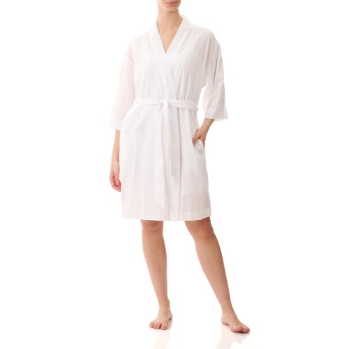 Ladies Givoni White Cotton Woven Spot Dressing Gown Robe Short Length Wrap (S54)