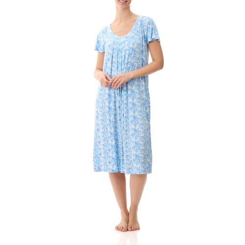 Ladies PJS Givoni Blue Floral Slinky Short Sleeve Nightie Mid Length (Gypsy 59G)