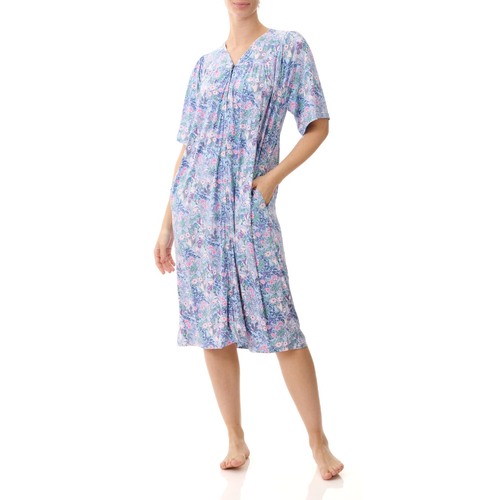 Ladies PJS Givoni Blue Floral Slinky Short Sleeve Zip Front Brunchcoat (Skye 10S)