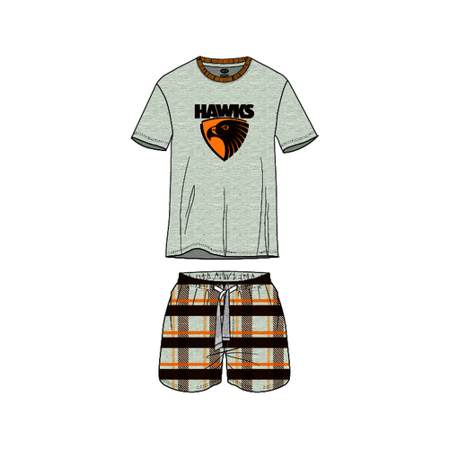 Mens Official AFL Hawthorn Hawks Size S-5XL Short Check Pyjamas PJS Set