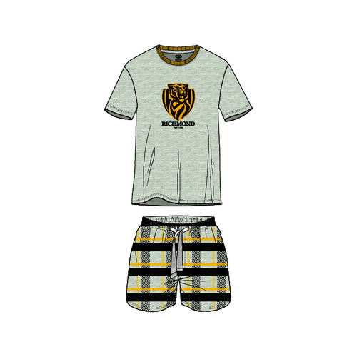 Mens Official AFL Richmond Tigers Size S-5XL Short Check Pyjamas PJS Set