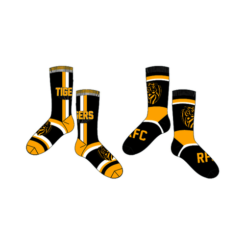 Mens Official AFL 2 Pack Richmond Tigers Printed Socks Size 8-11