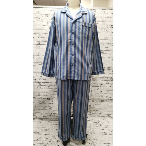 Mens PJS 100% Cotton Flannelette Blue Stripe Long Pyjamas Size S-XXL (8826)
