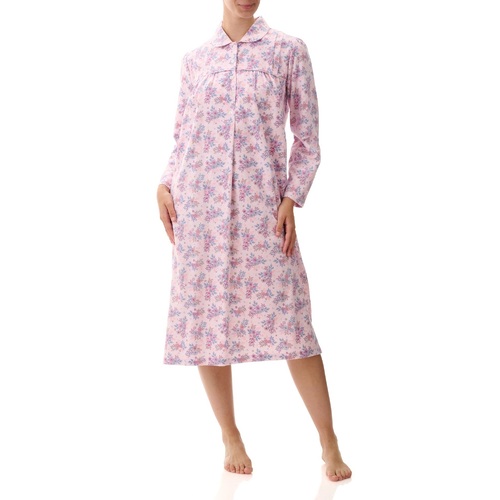 Ladies Givoni Cotton Flannelette Mid Length Nightie PJS Pink Floral (Tiana 70T)