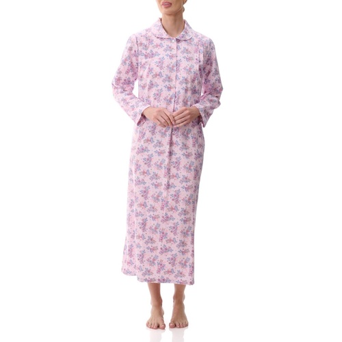 Ladies Givoni Cotton Flannelette Long Length Nightie PJS Pink Floral (Tiana 83T)