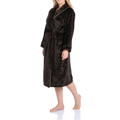 Ladies Magnolia Lounge Fleece Black Star Print Dressing Gown Bath Robe