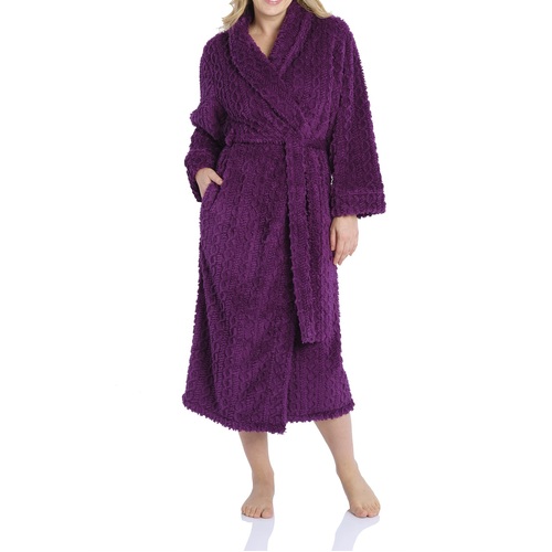 Ladies Magnolia Lounge Fleece Purple Wine Cable Dressing Gown Bath Robe