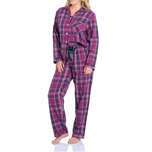 Ladies Magnolia Lounge Purple Check Long Flannelette Pyjamas PJS Set