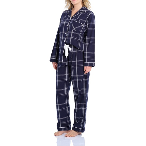 Ladies Magnolia Lounge Navy Blue Check Long Flannelette Pyjamas PJS Set