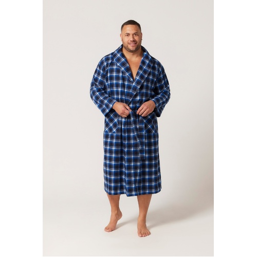 Mens Size S-7XL Contare Navy Blue Tartan Flannelette Bathrobe Dressing Gown Robe (ICB)