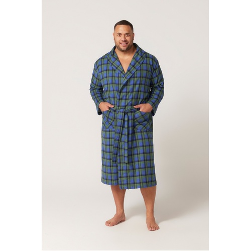 Mens Size S-7XL Contare Green Blue Tartan Flannelette Bathrobe Dressing Gown Robe (ICG)