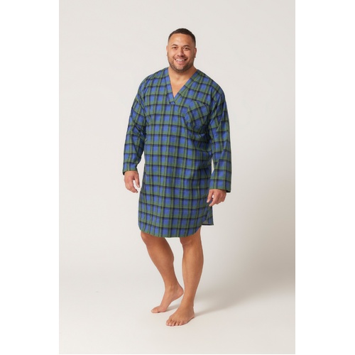Mens Size S-7XL Contare Long Sleeve Flannelette Night Shirt Pyjamas Green Blue Tartan (ICG)