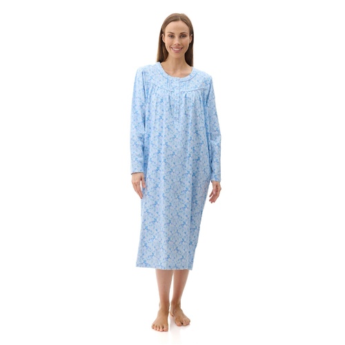 Ladies Givoni Cotton Flannelette Mid Length Nightie PJS Blue Floral (Aria 98A)