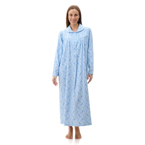 Ladies Givoni Cotton Flannelette Long Length Nightie PJS Blue Floral (Aria 88A)