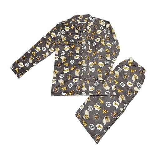 Mens PJS 100% Cotton Flannelette Grey Pizza Print Long Pyjamas (Me)