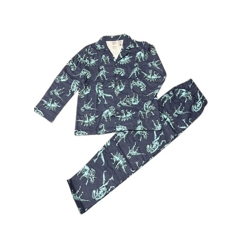 Boys Size 8-16 Navy Blue Dinosaur Cotton Flannelette Long Pyjamas PJS Set (Me)