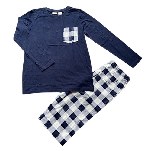 Boys Size 8-14 Navy Blue Check Cotton Flannelette Long Pyjamas PJS Set (Me)