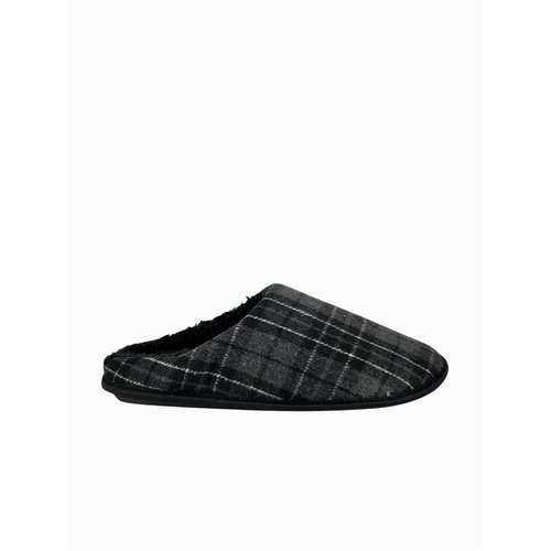 Mens Black Grey Check Slip On Slippers Sherpa Lined Polar Fleece (13210)