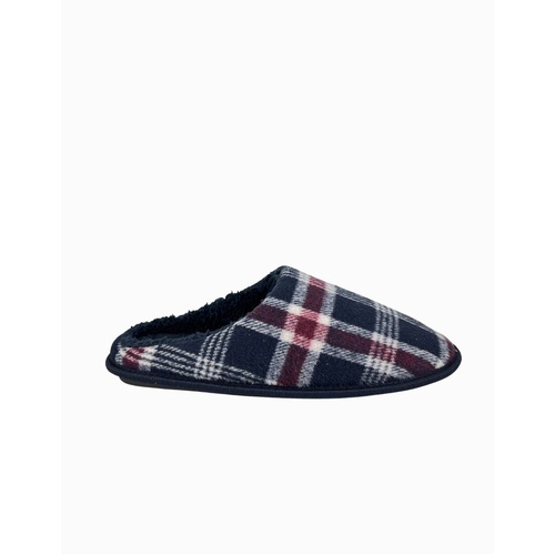 Mens Navy Blue Red Check Slip On Slippers Sherpa Lined Polar Fleece (13210)