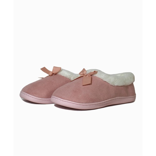 Ladies Plush Pink Slip On Slippers Satin Bow and Faux Fur Lining (14005)