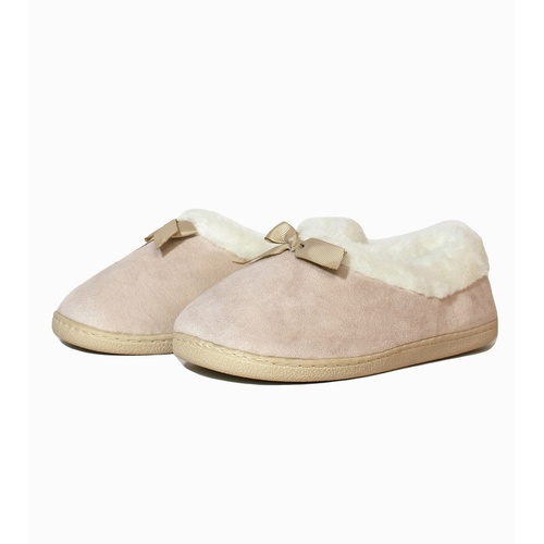 Ladies Plush Beige Slip On Slippers Satin Bow and Faux Fur Lining (14005)