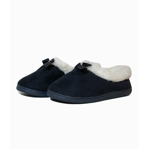 Ladies Plush Navy Blue Slip On Slippers Satin Bow and Faux Fur Lining (14005)