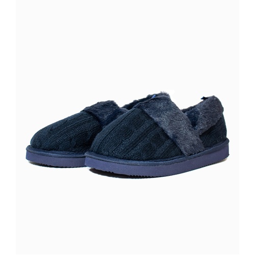 Ladies Navy Blue Cable Slip On Slippers Faux Fur Lining (11054)