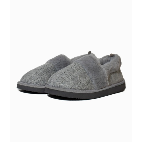 Ladies Grey Cable Slip On Slippers Faux Fur Lining (11054)