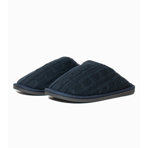 Ladies Navy Blue Cable Knit Scuff Slippers Faux Fur Lining (13055)