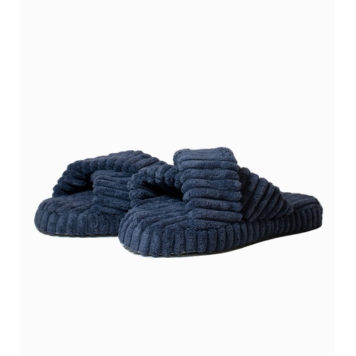 Ladies Navy Blue X Cross Over Rib Velour Scuff Slippers (13061)