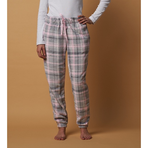 Ladies Sizes XS-3XL Grey Pink Check Coral Fleece Long Pyjama Pants PJS (54240)