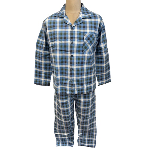 Mens Size S-L Blue Black Check 100% Cotton Flannel Long Pyjama Set (56350)