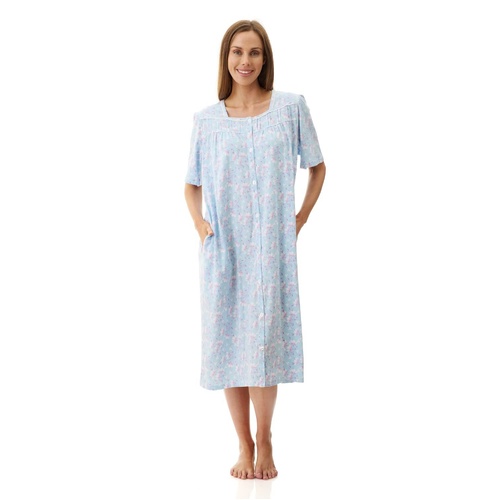 Womens Givoni Blue Floral Summer Short Cotton Brunch Coat Bath Robe 90V