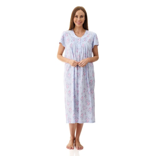 Womens Givoni Blue Floral Short Sleeve Summer Cotton Nightie Mid Length 05K