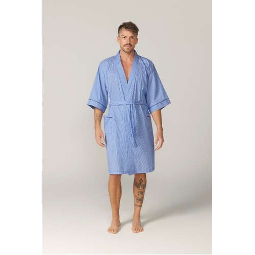 Mens Contare Sizes S-7XL Blue Stripe Cotton Dressing Gown Bath Robe - VAC
