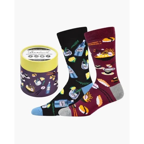 Mens Bamboozld 2 Pack Gin & Sushi Print Bamboo Novelty Dress Crew Socks