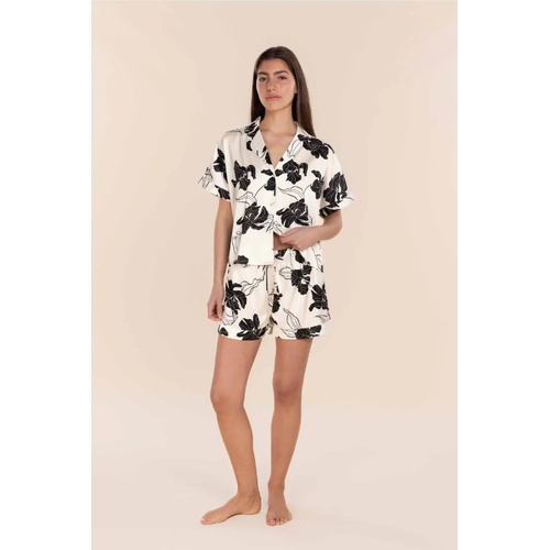 Womens Gingerlilly Freya Black Floral Silky Satin Short Summer Pyjama Set