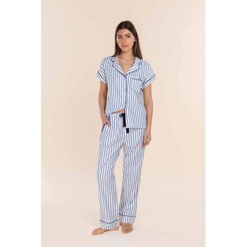 Womens Gingerlilly Winona Blue Stripe Cotton Short Summer Pyjama Pants Set