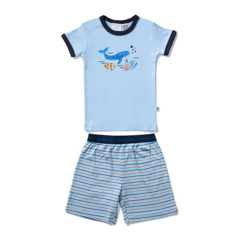 Boys Size 3-7 Marquise Blue Whale Stripe Summer Short Sleeve Cotton Pyjama Set