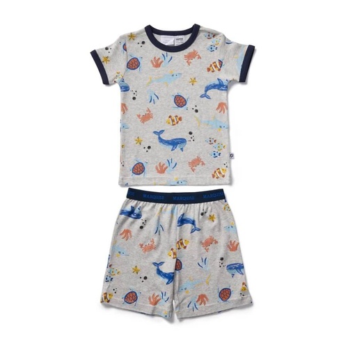 Boys Size 3-10 Marquise Grey Ocean Animals Print Short Sleeve Cotton Pyjama Set