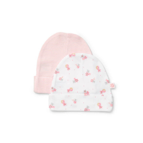 Newborn Baby Girls Marquise 2 Pack Pink Floral & Stripe Cotton Beanies