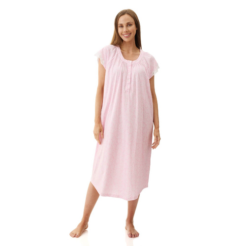 Womens Givoni Pink Floral Short Cap Sleeve Summer Cotton Nightie Mid Length 02Q