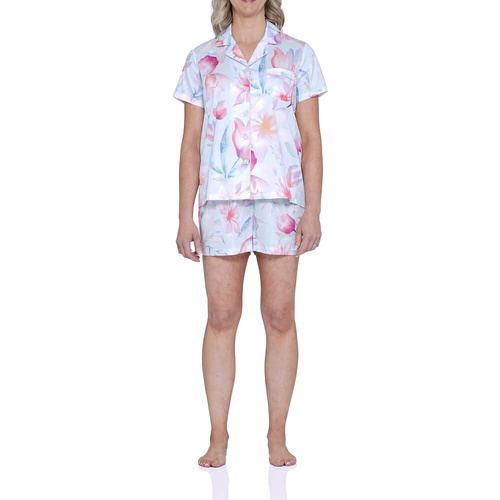 Womens Magnolia Lounge Blue Floral Cotton Sateen Summer Short Pyjama Set