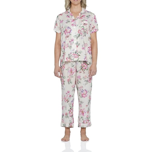 Womens Magnolia Lounge Cream Floral Short Sleeve Summer Capri Pyjama Pants Set