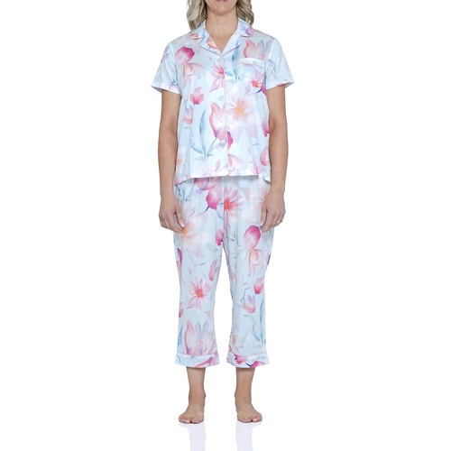 Womens Magnolia Lounge Bue Floral Short Sleeve Summer Capri Pyjama Pants Set