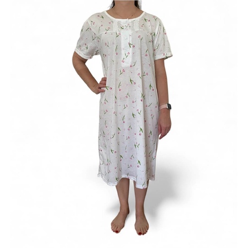 Womens White Pink Floral Summer Cotton Short Sleeve Nightie Short Length – LS29