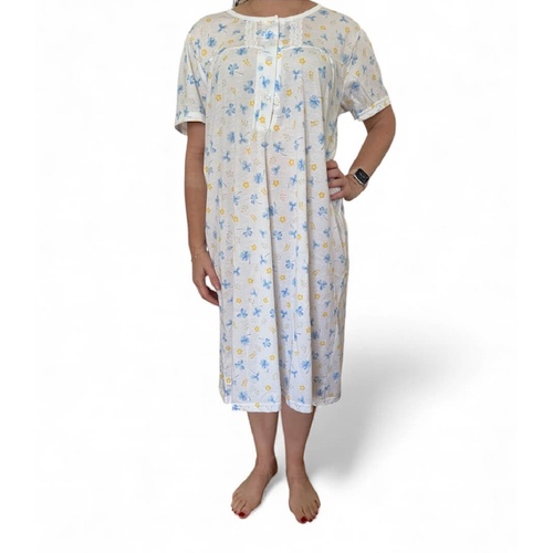 Womens Blue Yellow Floral Summer Cotton Short Sleeve Nightie Short Length – LS29