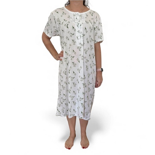 Womens White Green Floral Summer Cotton Short Sleeve Nightie Short Length – LS29