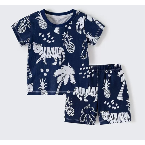 Boys Size 3-7 Navy Blue Tropical Tiger Summer Cotton Short Sleeve Pyjama Set (Me)